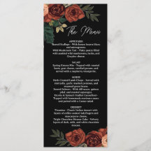 Menú floral oscuro romántico negro, menú de boda