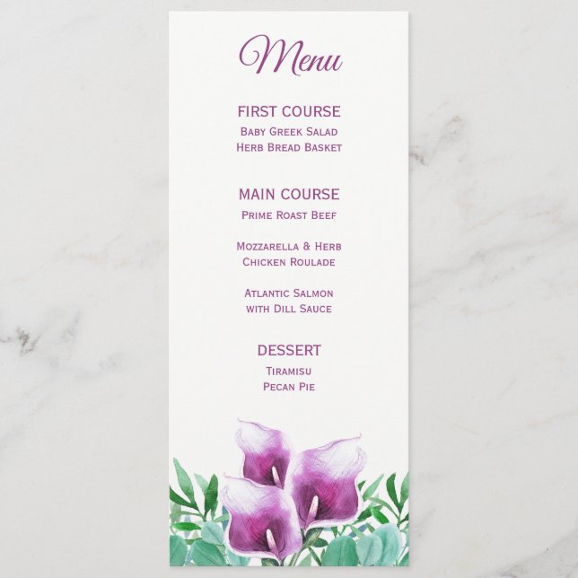 Menú Floral Purple Calla Lily Watercolor (Anverso)