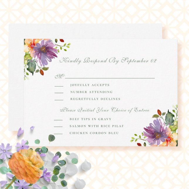 Menú Floral Purple Peach Wedding RSVP (Subido por el creador)