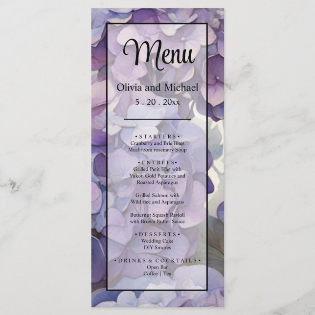 Menú floral púrpura de luz suave elegante (Anverso)