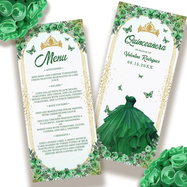 Menú Floral Quinceanera, Purpurina de oro verde esmeral (Emerald Green Gold Glitter Floral Quinceanera Menu)