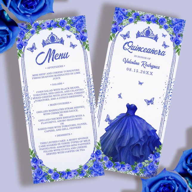 Menú Floral Quinceanera, Purpurina del oro azul real (Royal Blue Gold Glitter Floral Quinceanera Menu)