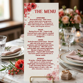 Menú floral rojo romántico, menú de boda