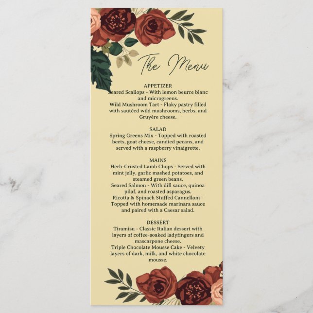 Menú floral romántico beige cálido, menú de boda (Anverso)