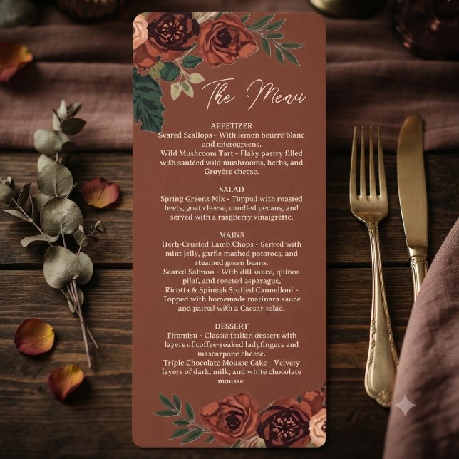 Menú Floral Romántico Marrón Rústico, Menú de Boda (Subido por el creador)