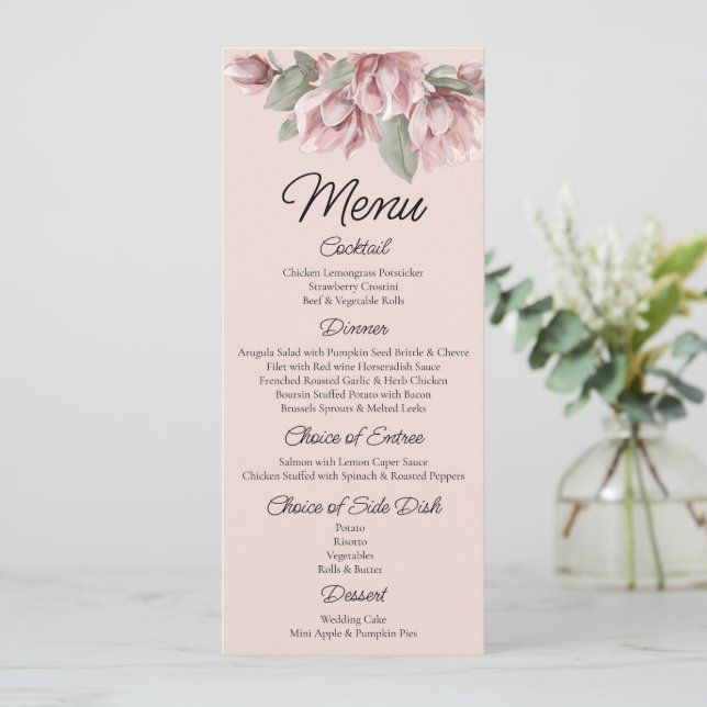 Menú Floral, rosa de Boda Rubor (Anverso de pie)
