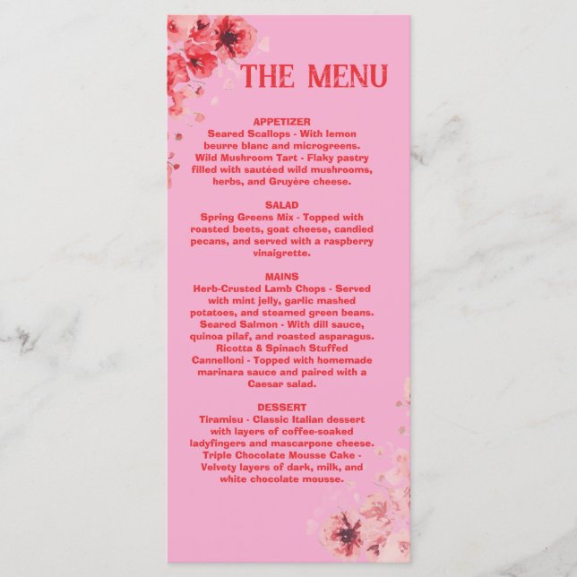Menú floral rosa romántico rojo, menú de boda (Anverso)