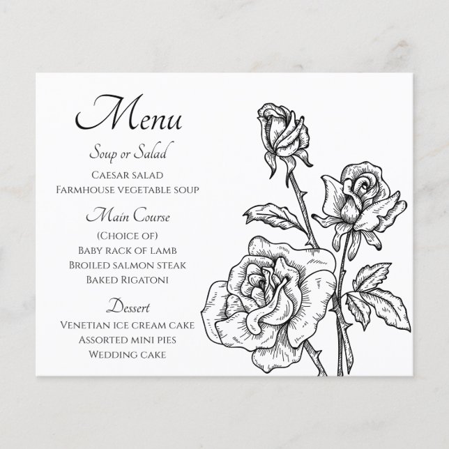 Menú Floral Rosas blancos negros Boda de flores (Anverso)