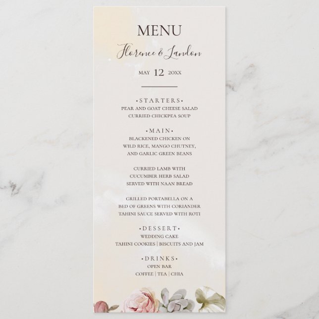 Menú Floral Rubor moderna | Cena Boda acuarela (Anverso)