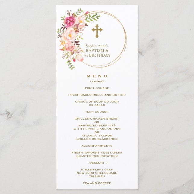 Menú Floral Rubor rosa único primer cumpleaños y bautis (Anverso)