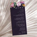 Menú Floral tropical colorida | Cena Boda púrpura<br><div class="desc">Esta floral tropical colorida | el menú de la cena boda morado es perfecto para su boda boho moderno, verde, violeta y melocotón. El diseño cuenta con un elegante ramo de vegetación acuática clásica y flores que pueden incluir eucalipto verde salado, protea malva y roja, hibiscos rosa rubor, ave paradisíaca...</div>