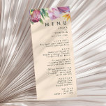 Menú Floral tropical colorida | Cena de Boda de Peach<br><div class="desc">Esta floral tropical colorida | el menú de la cena boda de melocotón es perfecto para su boda boho moderno, verde, violeta y melocotón. El diseño cuenta con un elegante ramo de vegetación acuática clásica y flores que pueden incluir eucalipto verde salado, protea malva y roja, hibiscos rosa rubor, ave...</div>
