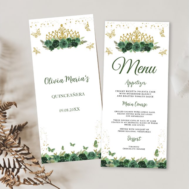 Menú Floral verde esmeralda tiara + mariposa Quinceaner (Subido por el creador)