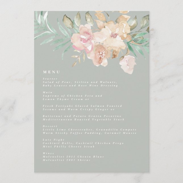 Menú Floras de acuarela rústica en Boda verde sabio (Anverso)
