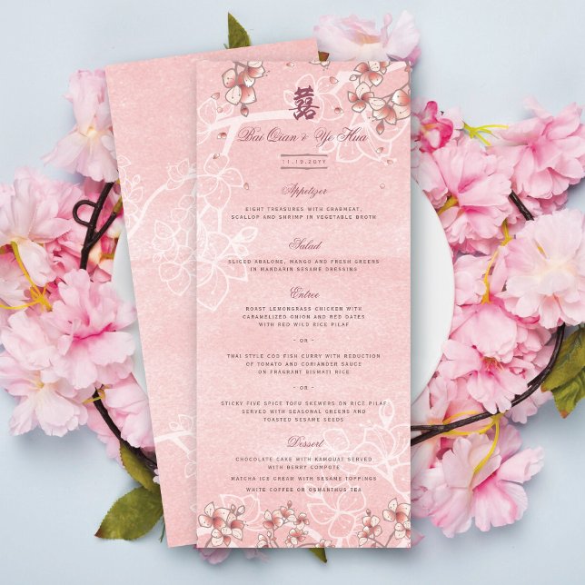 Menú Florecimiento de la sonda doble felicidad Boda chi (Pink Peach/Plum Blossoms Double Happiness Elegant Chinese Wedding Menu Card @ fatfatin_red_knot)