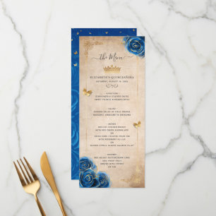 Menú Flores Acuarela de Rosas Elegantes de Oro y Azul