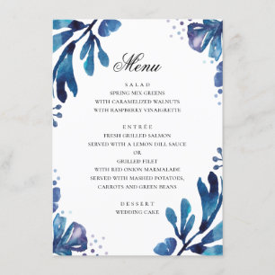 Menú Flores azul acuarela. Boda botánico de la Marina