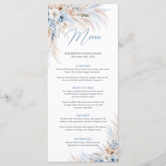 Menú Flores azul turquesa y pampas cena boda (Anverso)