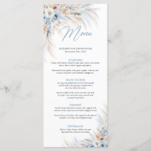 Menú Flores azul turquesa y pampas cena boda