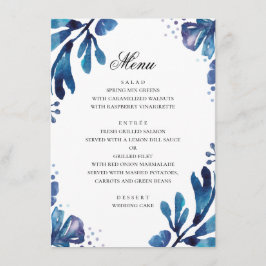Menú Flores azules de acuarela. Boda botánica de navy