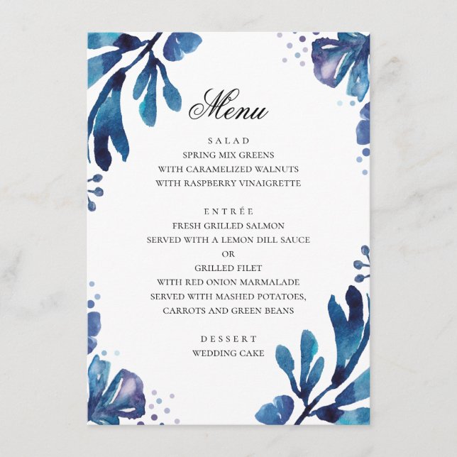 Menú Flores azules de acuarela. Boda botánica de navy (Anverso)