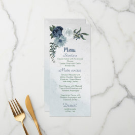 Menú flores azules y navales polvorientas blancas
