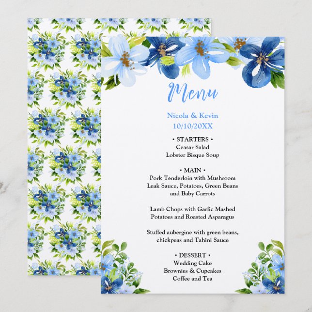 Menú Flores azules y navy con follaje  (Anverso / Reverso)