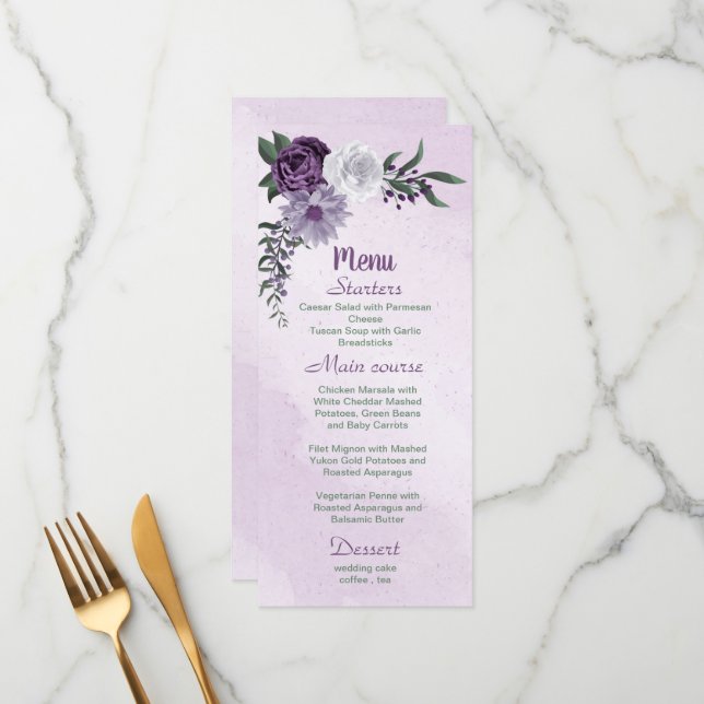 Menú flores blancas moradas románticas hojas verdes (Anverso/Reverso In Situ)