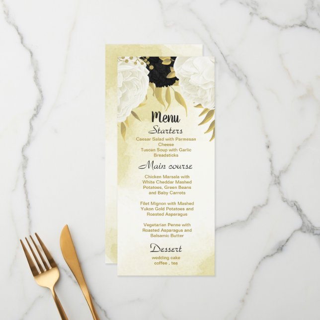 Menú flores blancas negras hojas de oro boda (Anverso/Reverso In Situ)