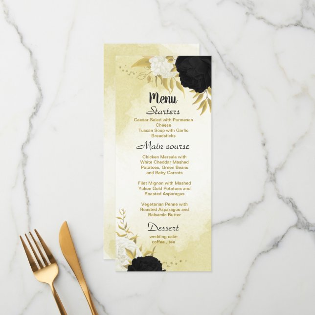 Menú flores blancas negras hojas de oro boda (Anverso/Reverso In Situ)