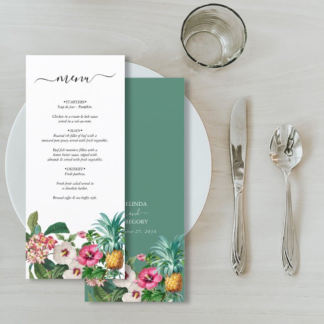 Menú Flores de acuarela tropical y Boda de vegetación (Tropical Watercolor Flowers & Greenery Wedding Menu)