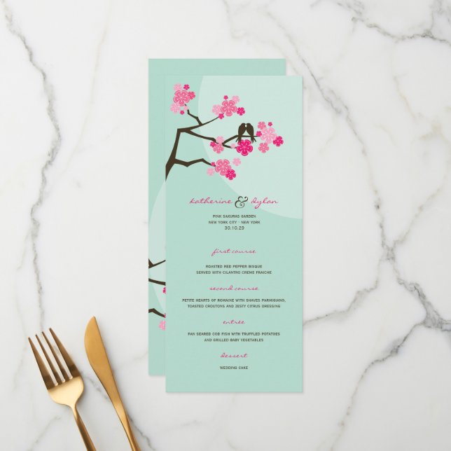 Menú Flores de cerezo rosadas Sakura amor pájaros boda (Anverso/Reverso In Situ)