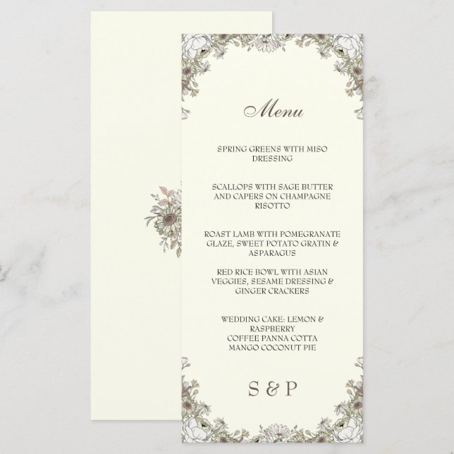 Menú Flores de dibujo boda romántico de marfil (Anverso / Reverso)