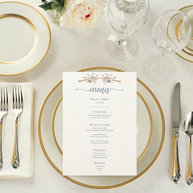 Menú Flores de maíz azules y trigo Boda crema moderna (Blue Cornflowers & Wheat Modern Cream Wedding Menu)