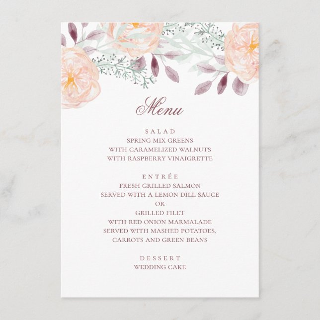 Menú Flores de melocotón en acuarela. Boda botánica. Fl (Anverso)