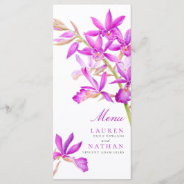 Menú Flores de orquídea púrpura boda acuarela