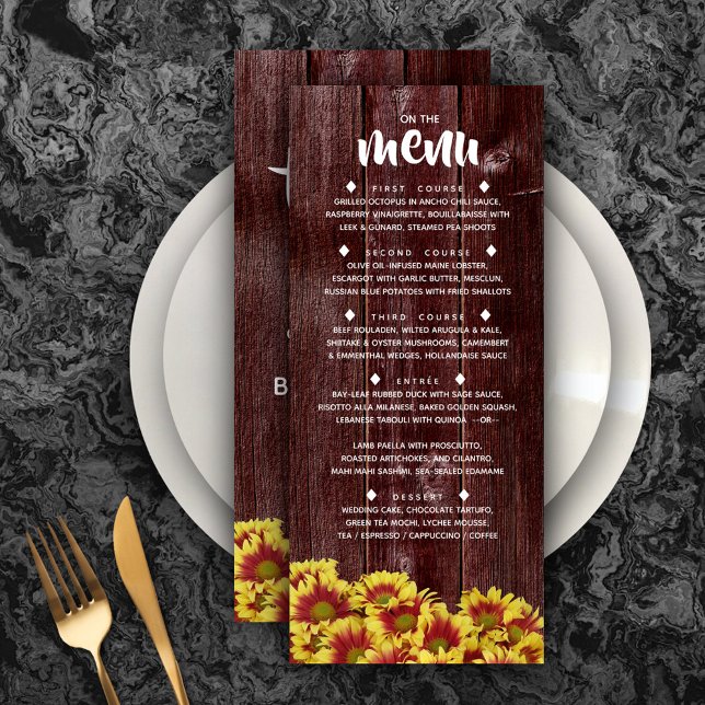 Menú Flores de otoño rusticas en Boda de vallas (Rustic Autumn Sunflowers on Fence Wedding Menu Rack Card Cover Photo.)