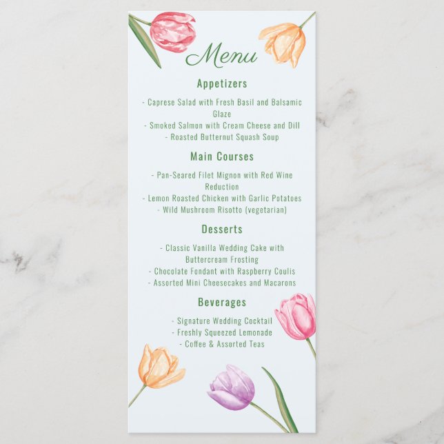 Menú Flores de Tulipán Pastel Acuarela Boda de Primaver (Anverso)
