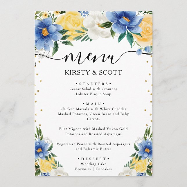 Menú Flores de verano azules y amarillas para boda (Anverso)