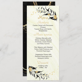 Menú flores doradas y hojas negras boda