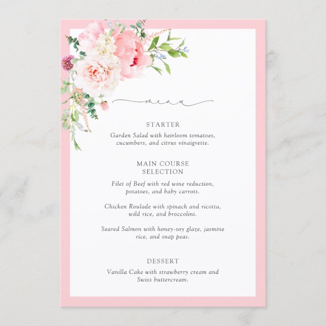 Menú Flores Elegantes de Acuarela Rosa para Desayuno Nu (Anverso)
