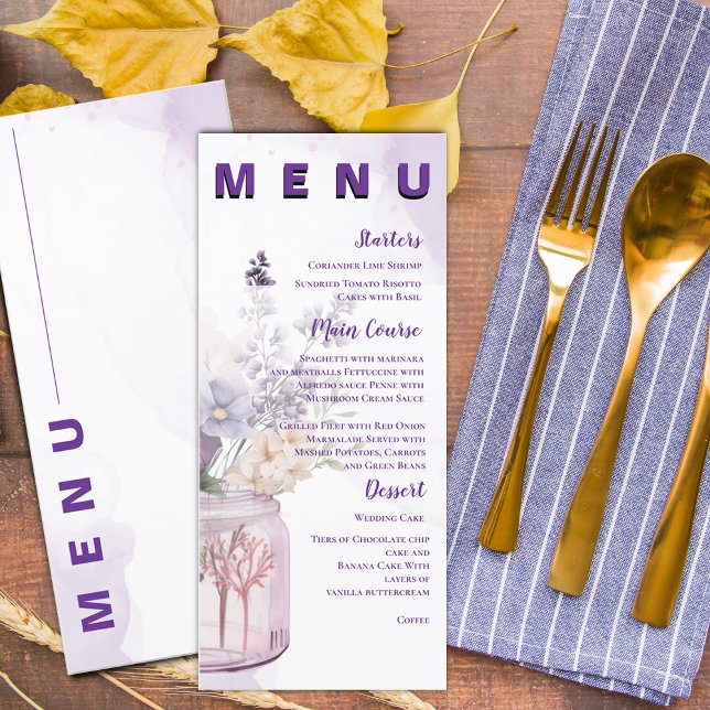 Menú Flores En Mason Jar Fiesta De Matrimonio Floral Pú (Flowers In Mason Jar Purple Floral Wedding Party Menu)