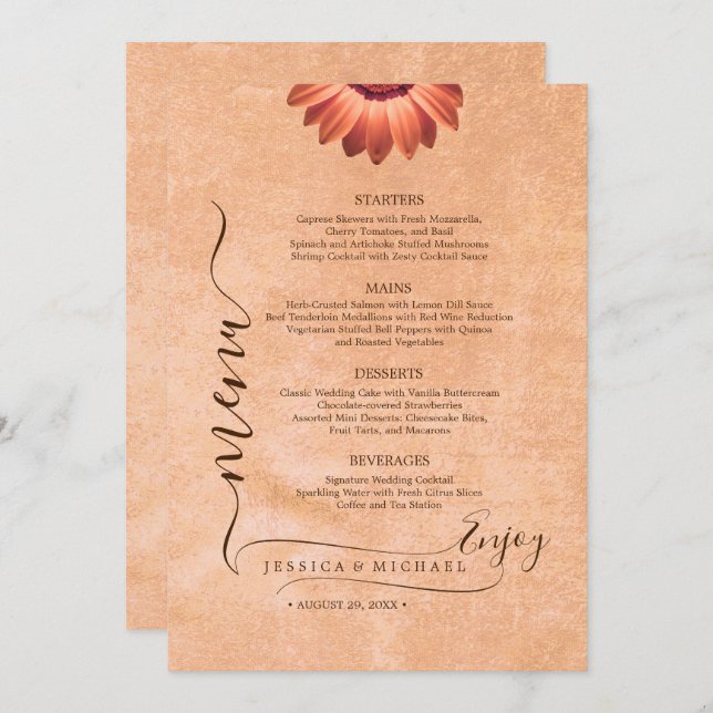 Menú Flores Gerbera en Boda de melocotón abstracto (Anverso / Reverso)