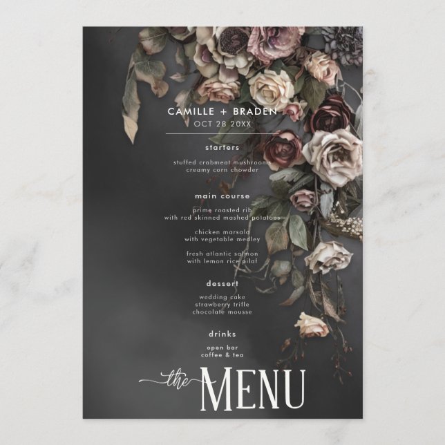 Menú Flores góticas moradas y Boda húmedo negro (Anverso)