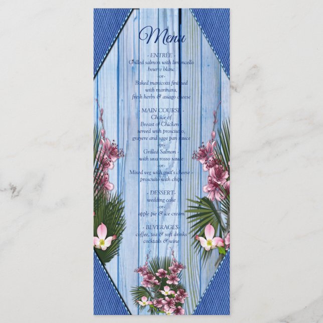 Menú Flores gráficas rosas sobre textura de tela de mad (Anverso)
