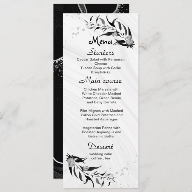 Menú flores grises plateadas y hojas negras boda (Anverso / Reverso)