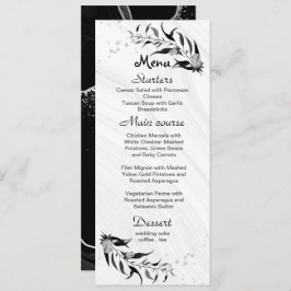 Menú flores grises plateadas y hojas negras boda