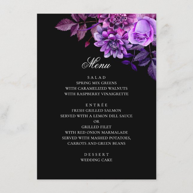 Menú Flores moradas a la acuarela. Boda negra floral (Anverso)