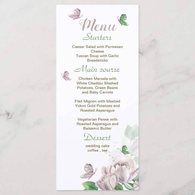 Menú flores moradas hojas verdes mariposas boda (Anverso)