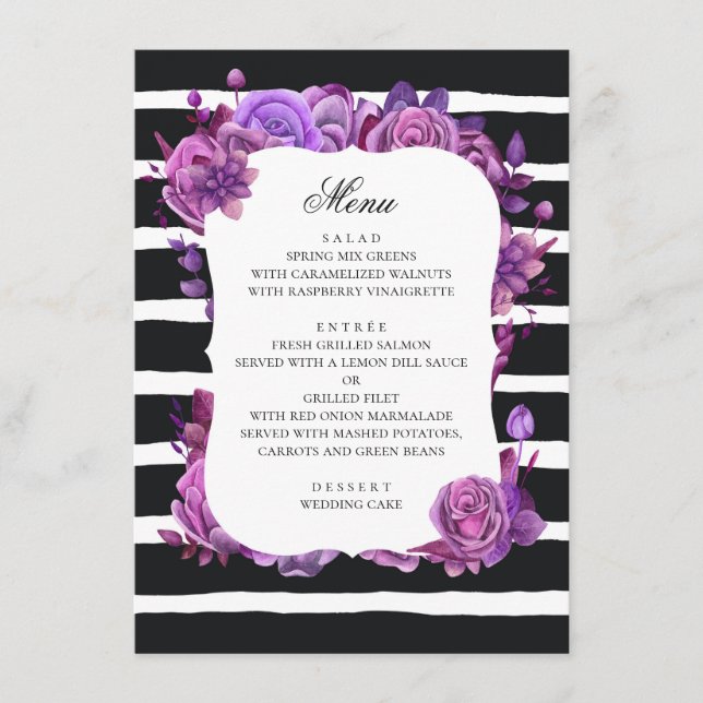 Menú Flores moradas y rosadas. Boda de rayas negras (Anverso)
